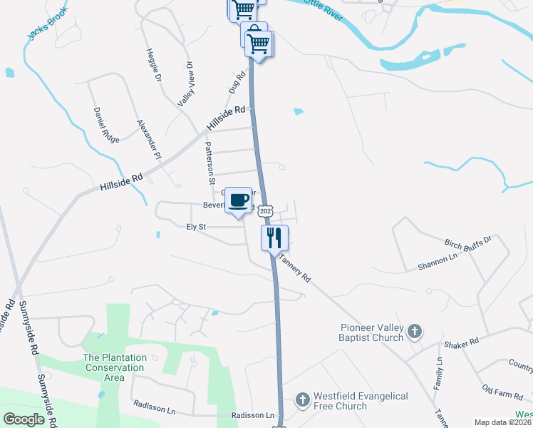 map of restaurants, bars, coffee shops, grocery stores, and more near Southwick Road in Westfield