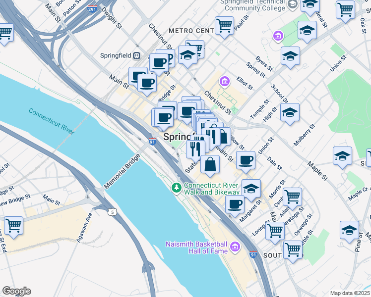 map of restaurants, bars, coffee shops, grocery stores, and more near 50 Elm Street in Springfield