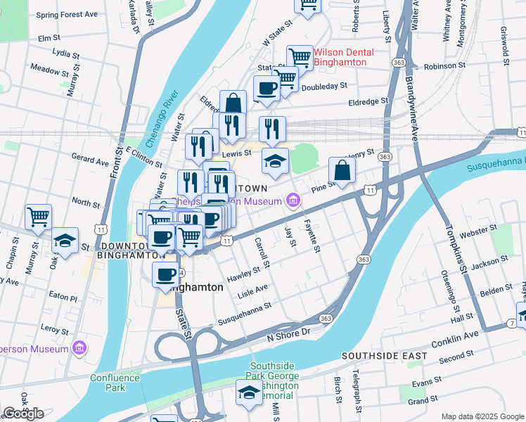 map of restaurants, bars, coffee shops, grocery stores, and more near 8 Pine Street in Binghamton