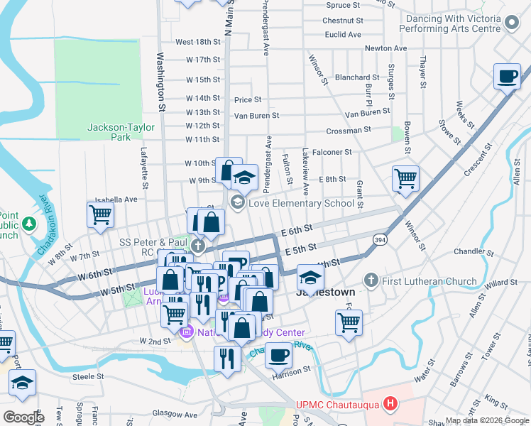 map of restaurants, bars, coffee shops, grocery stores, and more near 627 Prendergast Avenue in Jamestown