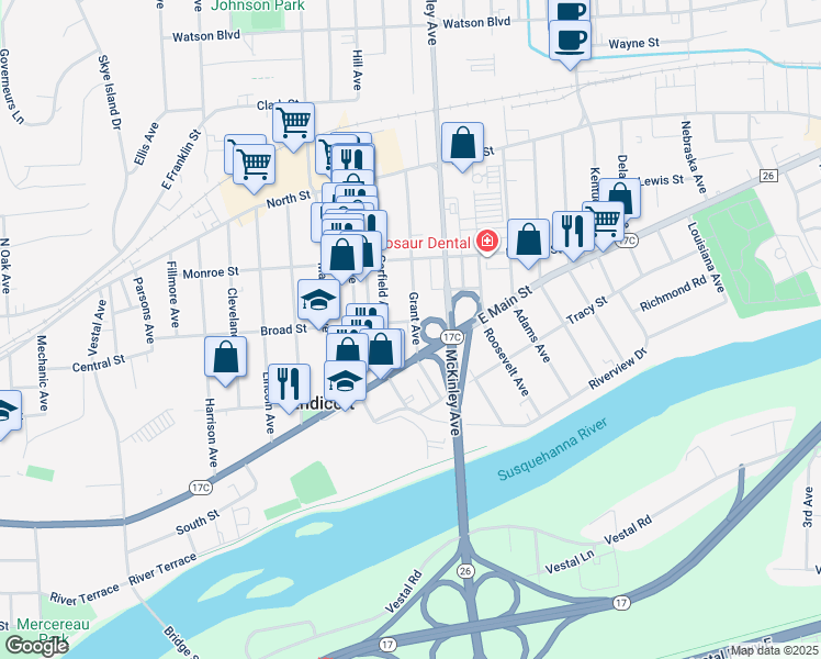 map of restaurants, bars, coffee shops, grocery stores, and more near 1408 Broad Street in Endicott