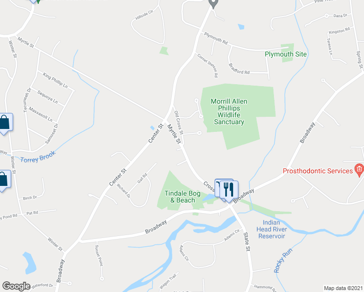 map of restaurants, bars, coffee shops, grocery stores, and more near 125 Old Cross Street in Hanover