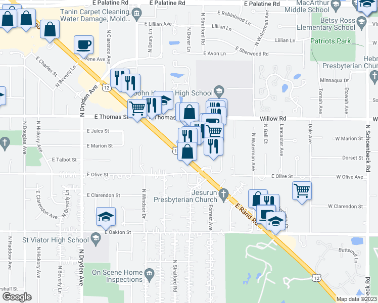 map of restaurants, bars, coffee shops, grocery stores, and more near 1309 East Rand Road in Arlington Heights