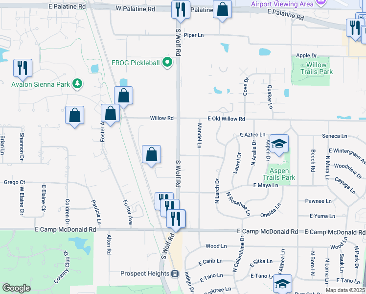 map of restaurants, bars, coffee shops, grocery stores, and more near 207 North Wolf Road in Prospect Heights