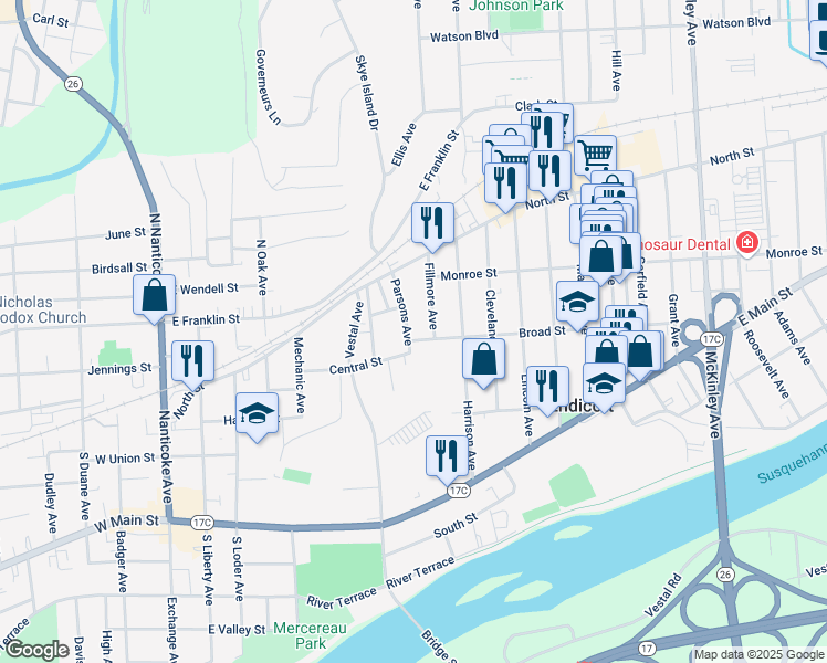 map of restaurants, bars, coffee shops, grocery stores, and more near 109-111 Parsons Avenue in Endicott