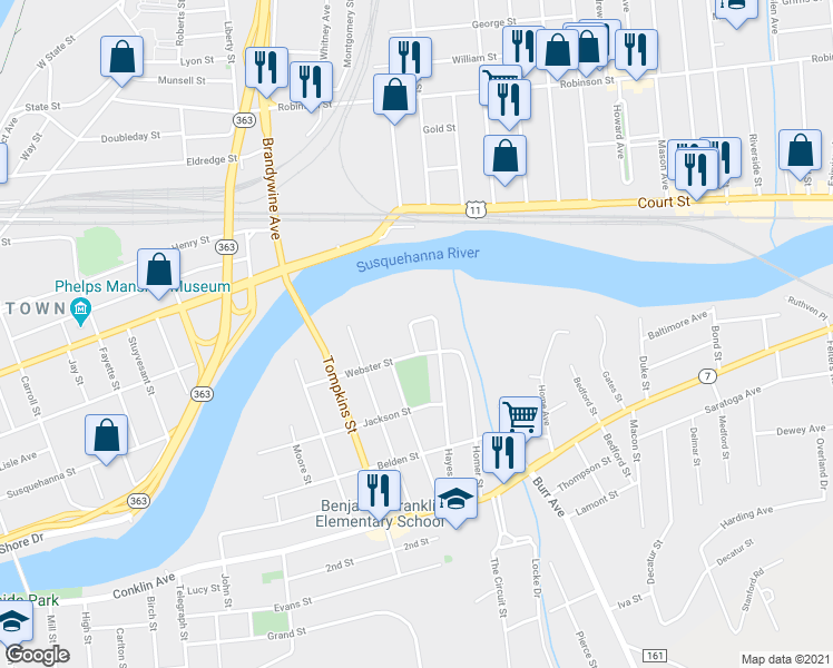 map of restaurants, bars, coffee shops, grocery stores, and more near 4 Webster Court in Binghamton