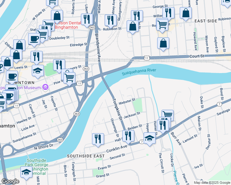 map of restaurants, bars, coffee shops, grocery stores, and more near 7 Tompkins Street in Binghamton