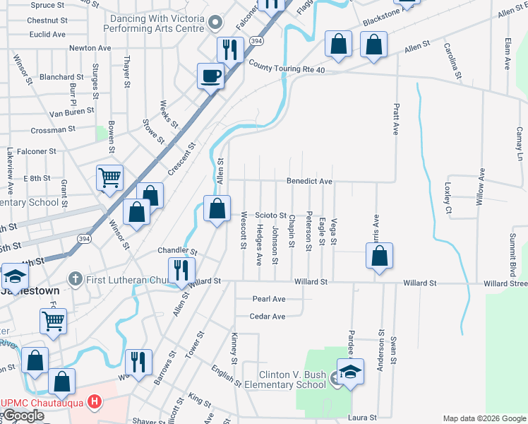 map of restaurants, bars, coffee shops, grocery stores, and more near 100 Hedges Avenue in Jamestown
