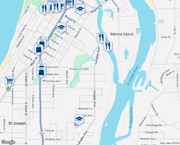 map of restaurants, bars, coffee shops, grocery stores, and more near 1337 Michigan Avenue in St. Joseph