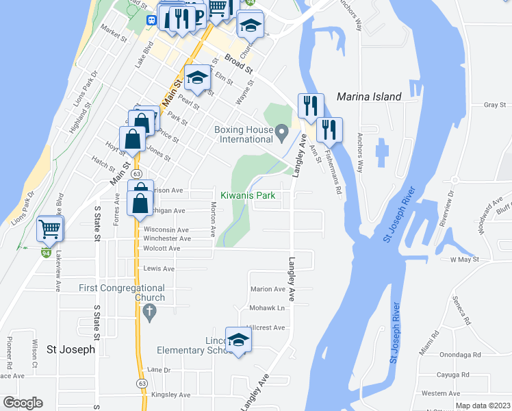 map of restaurants, bars, coffee shops, grocery stores, and more near 1301 Michigan Avenue in St. Joseph