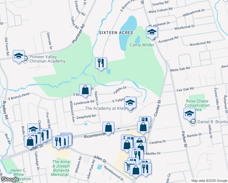 map of restaurants, bars, coffee shops, grocery stores, and more near 85 Tallyho Drive in Springfield