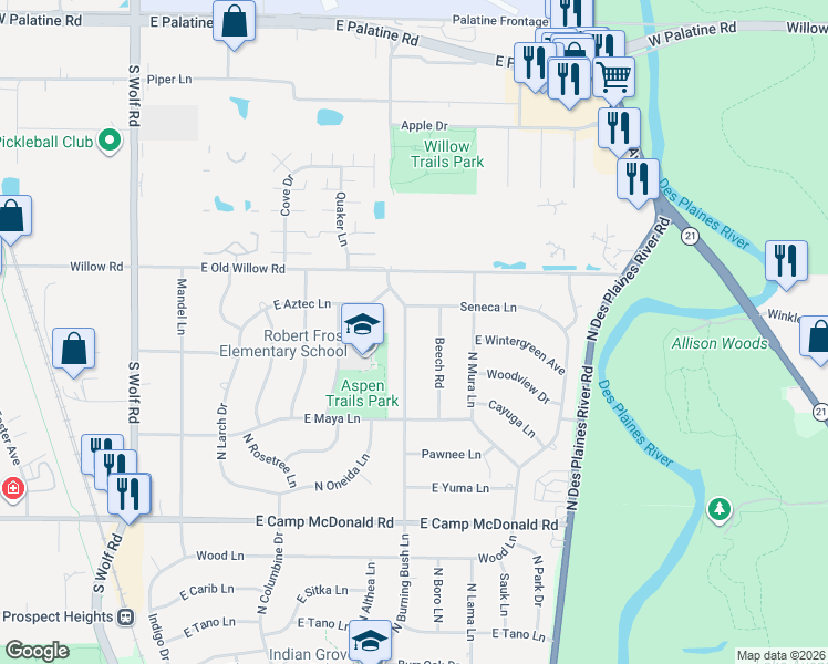 map of restaurants, bars, coffee shops, grocery stores, and more near 1803 North Burning Bush Lane in Mount Prospect