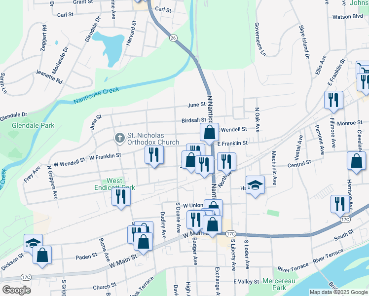 map of restaurants, bars, coffee shops, grocery stores, and more near 126 West Franklin Street in Endicott