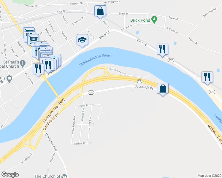 map of restaurants, bars, coffee shops, grocery stores, and more near 52 Southside Dr in Apalachin