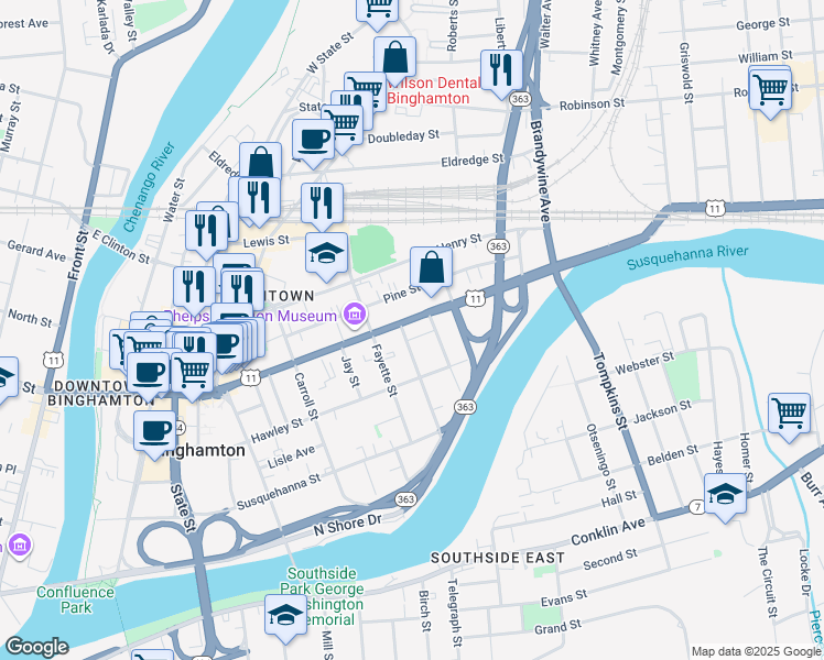 map of restaurants, bars, coffee shops, grocery stores, and more near 210 Court Street in Binghamton