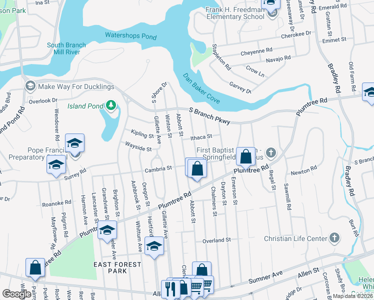 map of restaurants, bars, coffee shops, grocery stores, and more near 333 Abbott Street in Springfield