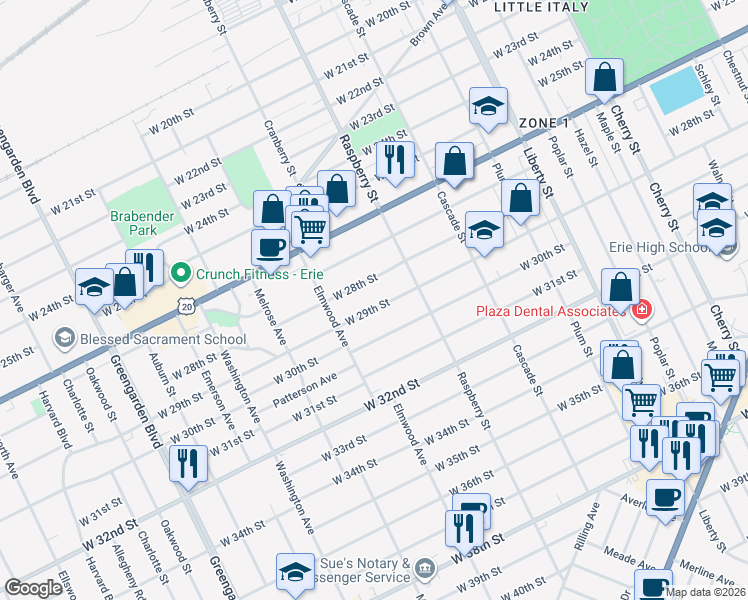 map of restaurants, bars, coffee shops, grocery stores, and more near 1150 W 29th St in Erie