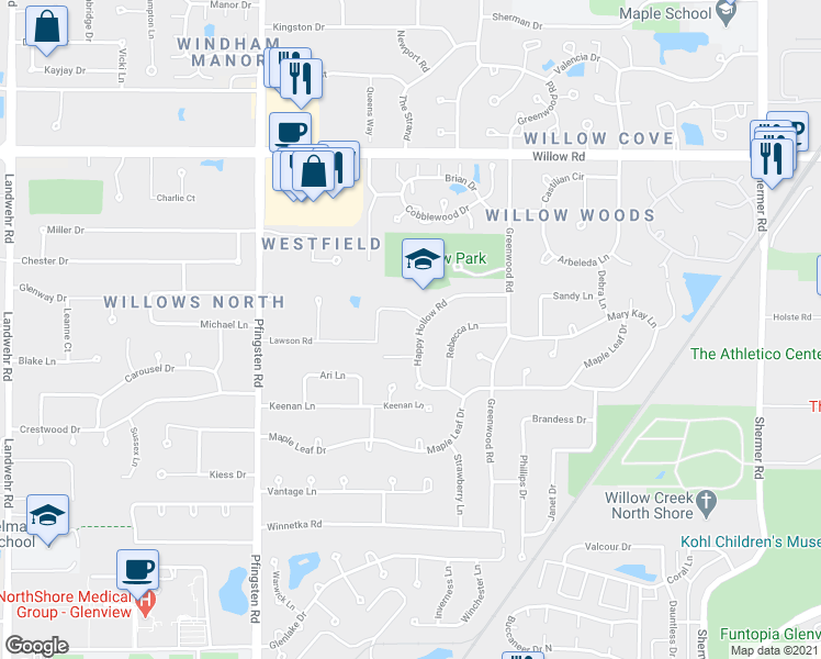 map of restaurants, bars, coffee shops, grocery stores, and more near 2440 Happy Hollow Road in Glenview