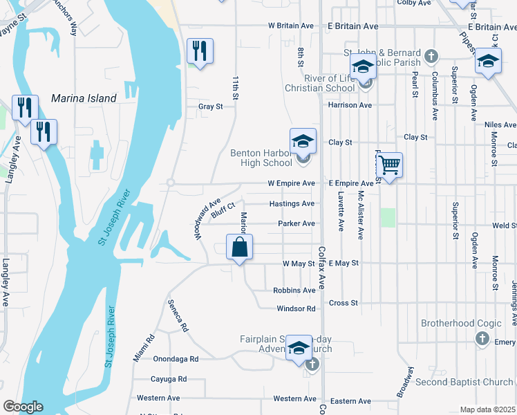 map of restaurants, bars, coffee shops, grocery stores, and more near 266 Hastings Avenue in Benton Harbor