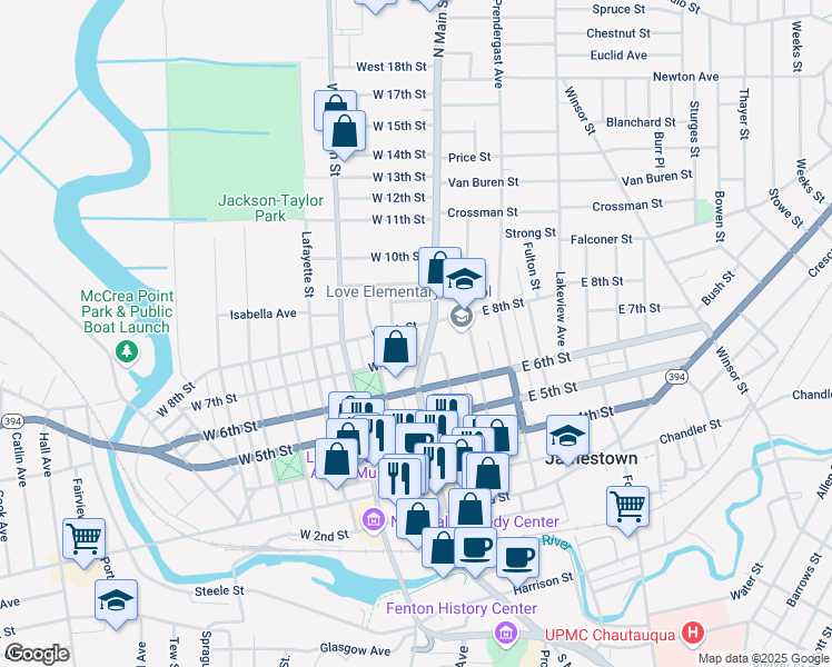 map of restaurants, bars, coffee shops, grocery stores, and more near 11 West 8th Street in Jamestown