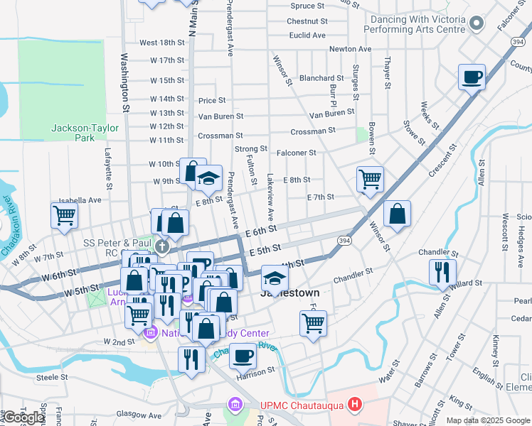 map of restaurants, bars, coffee shops, grocery stores, and more near 38 Lakeview Avenue in Jamestown