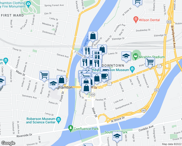 map of restaurants, bars, coffee shops, grocery stores, and more near Henry St & Washington St in Binghamton