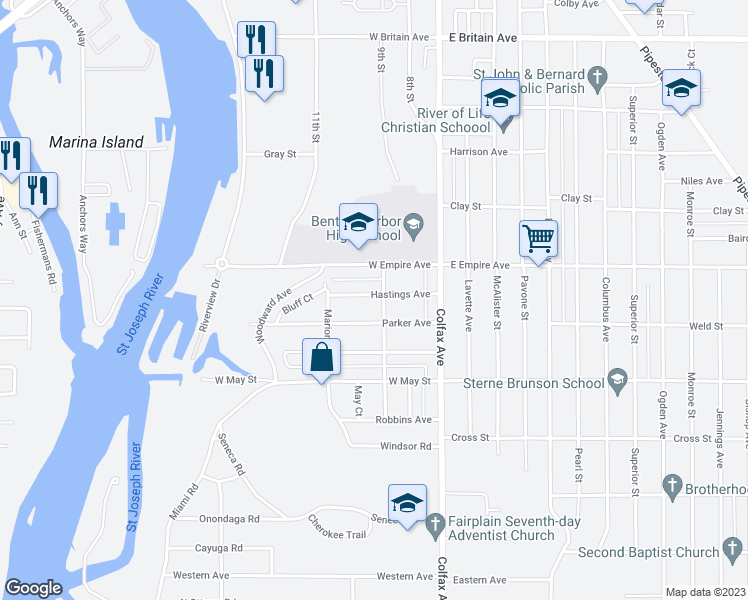 map of restaurants, bars, coffee shops, grocery stores, and more near 210 Hastings Avenue in Benton Harbor