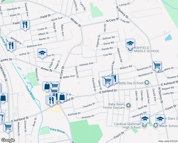 map of restaurants, bars, coffee shops, grocery stores, and more near 85 Eastfield Drive in Brockton