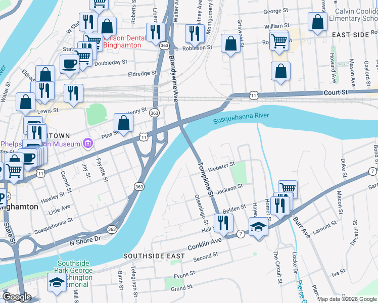 map of restaurants, bars, coffee shops, grocery stores, and more near 282 Court Street in Binghamton