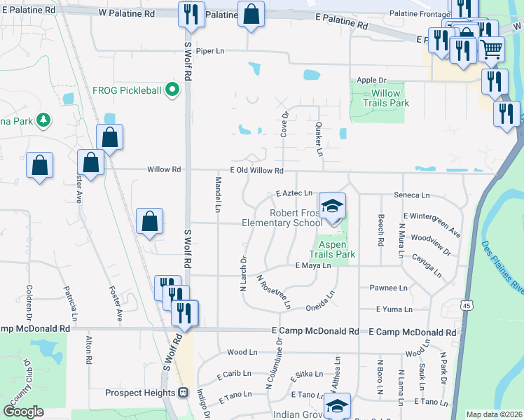 map of restaurants, bars, coffee shops, grocery stores, and more near 1715 East Aztec Lane in Mount Prospect
