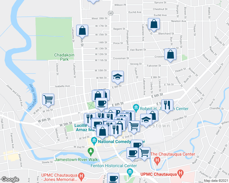map of restaurants, bars, coffee shops, grocery stores, and more near 50 East 8th Street in Jamestown