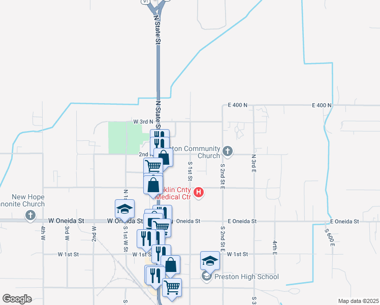 map of restaurants, bars, coffee shops, grocery stores, and more near 201 North 1st East in Preston