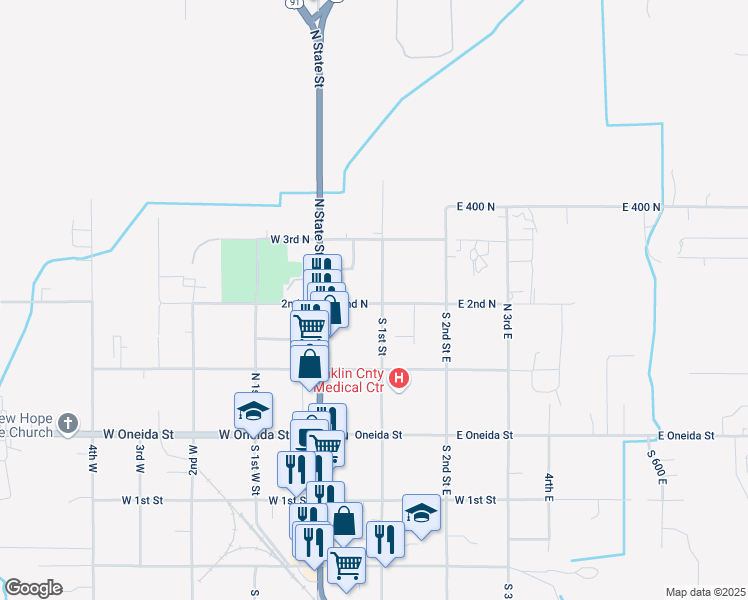 map of restaurants, bars, coffee shops, grocery stores, and more near 201 North 1st East in Preston