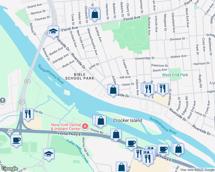 map of restaurants, bars, coffee shops, grocery stores, and more near 28 Elfred Street in Johnson City