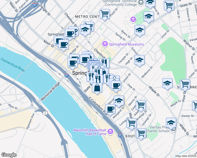 map of restaurants, bars, coffee shops, grocery stores, and more near 101 State Street in Springfield