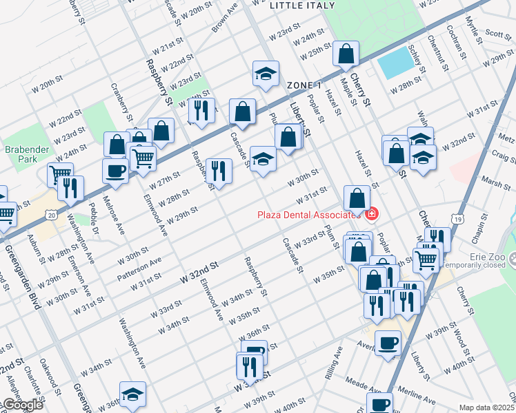 map of restaurants, bars, coffee shops, grocery stores, and more near 1015 W 30th St in Erie