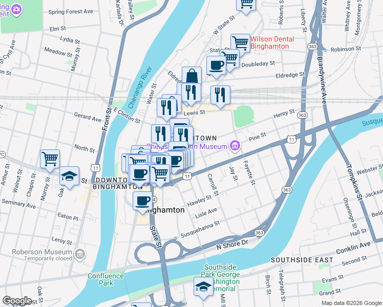 map of restaurants, bars, coffee shops, grocery stores, and more near 62 Henry Street in Binghamton