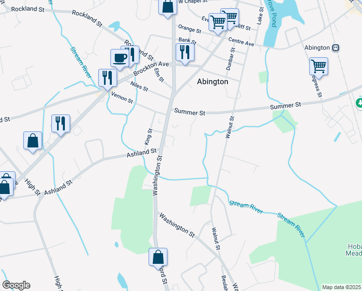 map of restaurants, bars, coffee shops, grocery stores, and more near 277 Washington Street in Abington