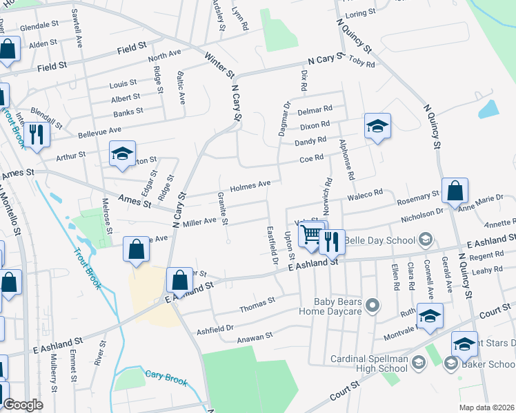 map of restaurants, bars, coffee shops, grocery stores, and more near 85 Eastfield Drive in Brockton