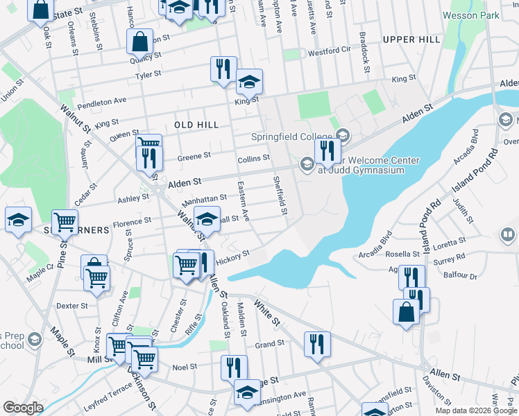 map of restaurants, bars, coffee shops, grocery stores, and more near 21-23 Shillingford Street in Springfield
