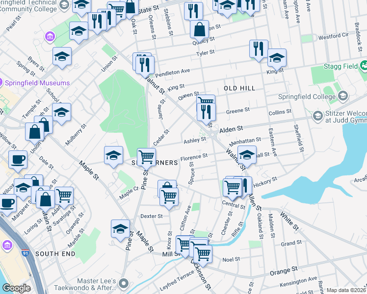 map of restaurants, bars, coffee shops, grocery stores, and more near 53-55 Ashley Street in Springfield