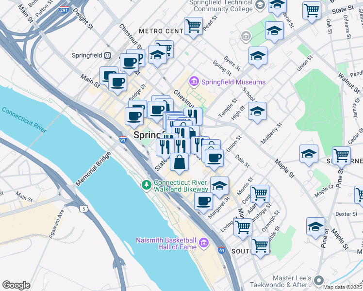 map of restaurants, bars, coffee shops, grocery stores, and more near 1156 Main Street in Springfield