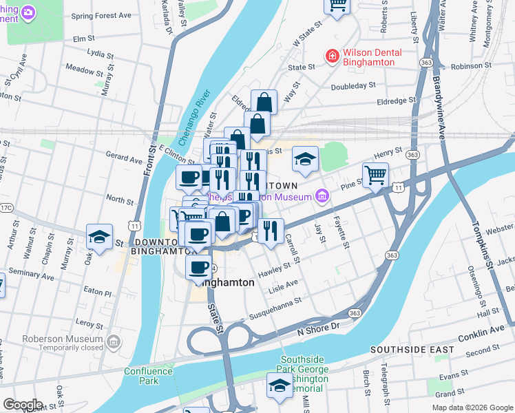 map of restaurants, bars, coffee shops, grocery stores, and more near 62 Henry Street in Binghamton