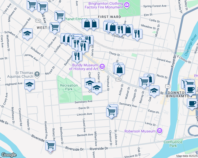 map of restaurants, bars, coffee shops, grocery stores, and more near 23 Cedar Street in Binghamton