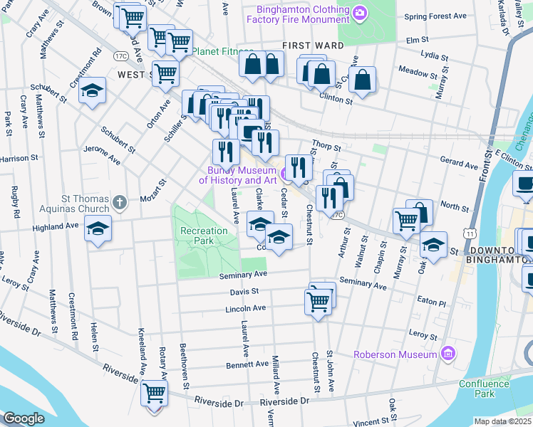map of restaurants, bars, coffee shops, grocery stores, and more near 19 Clarke Street in Binghamton