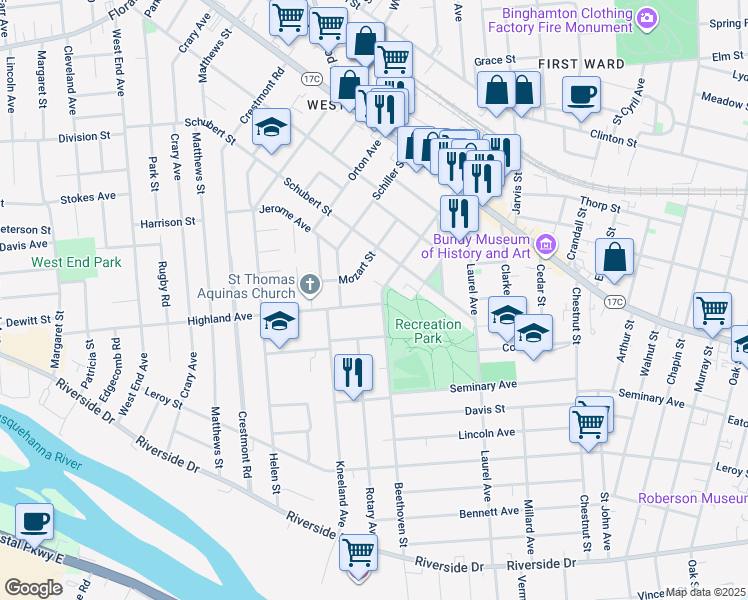 map of restaurants, bars, coffee shops, grocery stores, and more near 2 Highland Avenue in Binghamton
