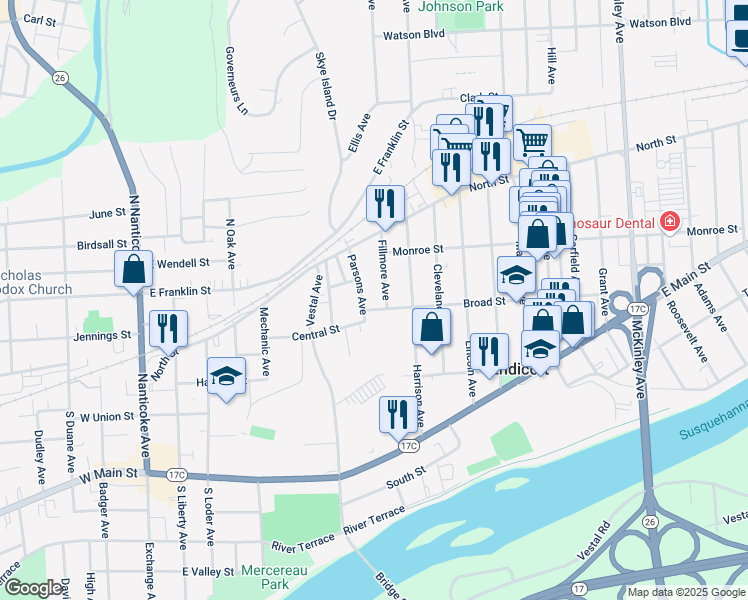 map of restaurants, bars, coffee shops, grocery stores, and more near 109-111 Parsons Avenue in Endicott