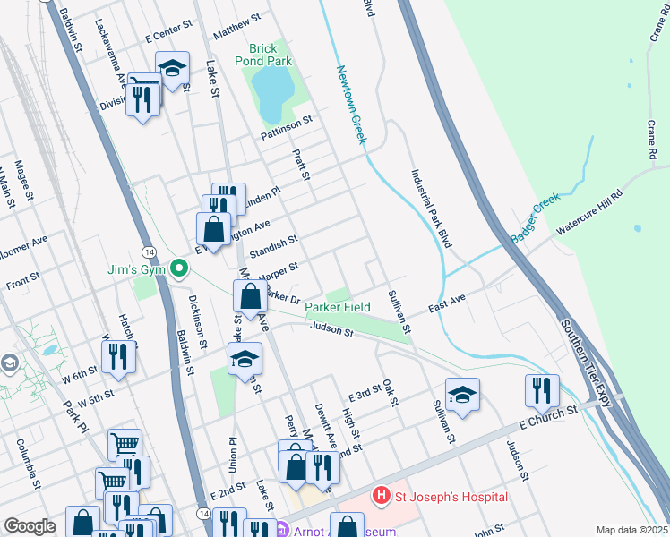 map of restaurants, bars, coffee shops, grocery stores, and more near 717 German Street in Elmira