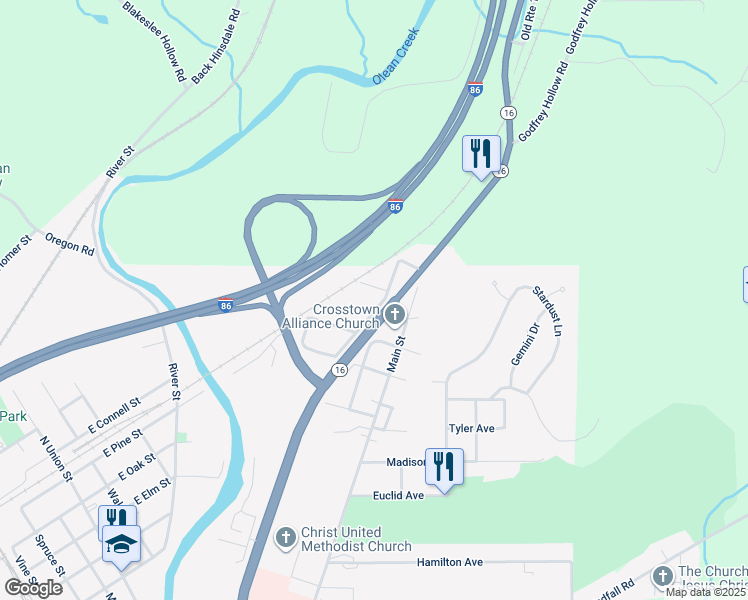 map of restaurants, bars, coffee shops, grocery stores, and more near 1617 Main Street in Olean