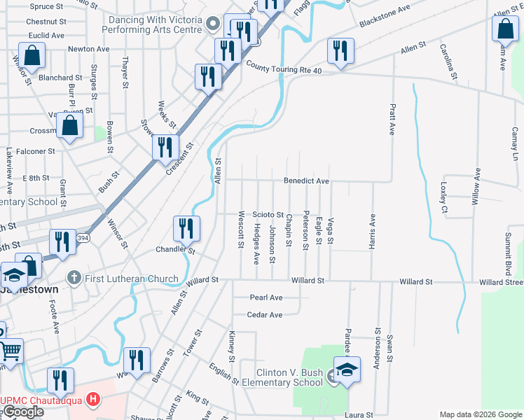 map of restaurants, bars, coffee shops, grocery stores, and more near 100 Hedges Avenue in Jamestown